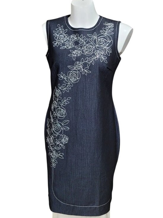 Calvin Klein Dresses & Skirts - Sleeveless Navy Blue Denim Sheath Dress With White Floral Embroidery Back Zip Cl